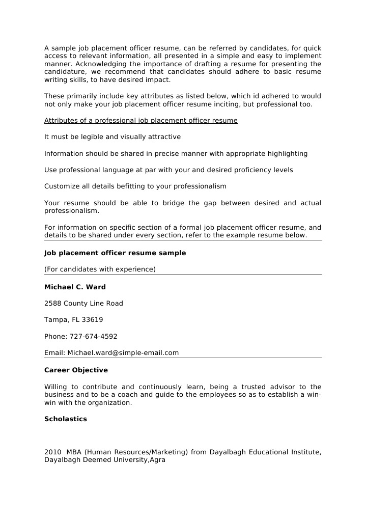 Job Placement Officer Resume Résumé Recruitment