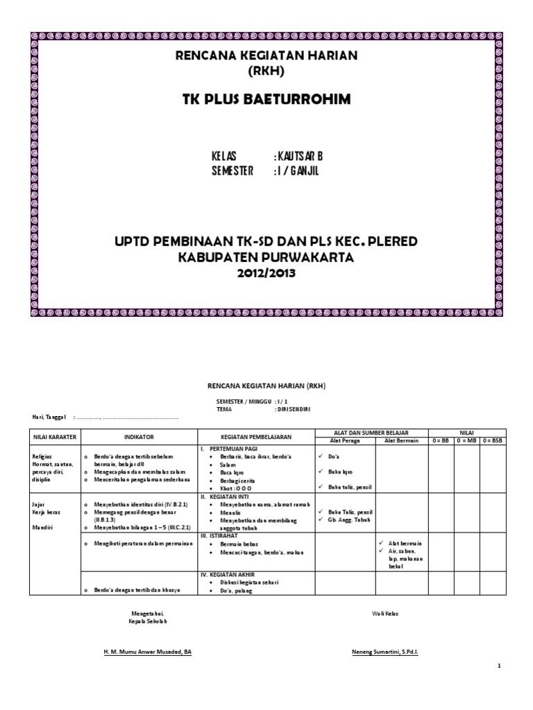 Rencana Kegiatan Harian TK Semester 1