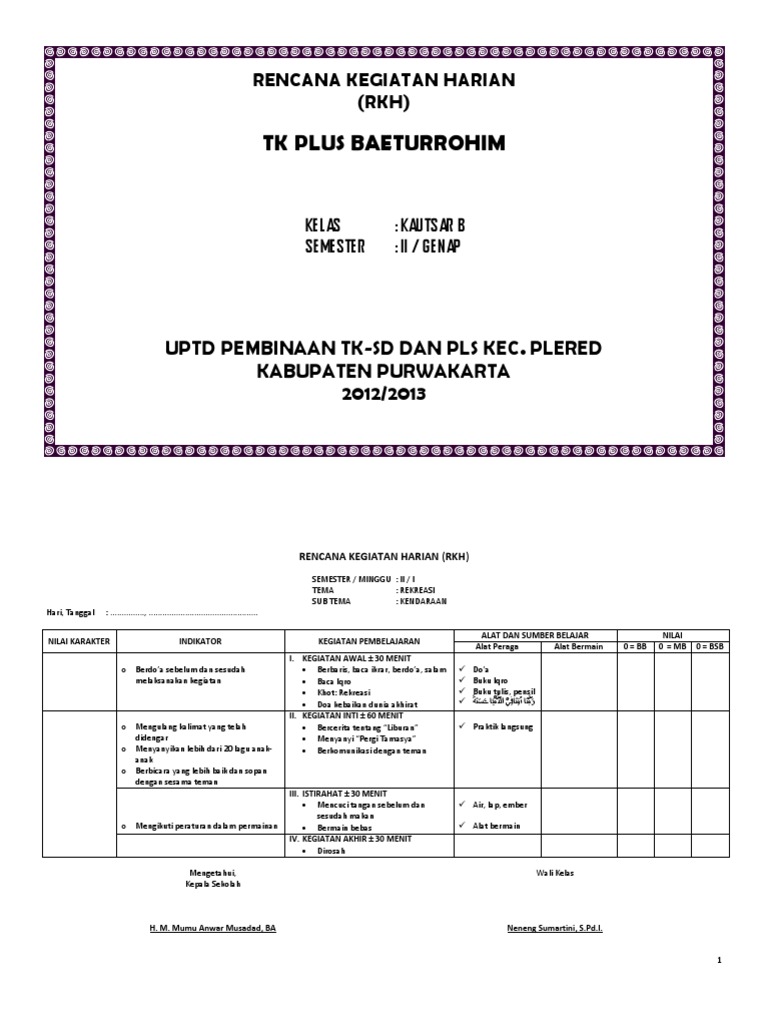 Rencana Kegiatan Harian TK Semester 2