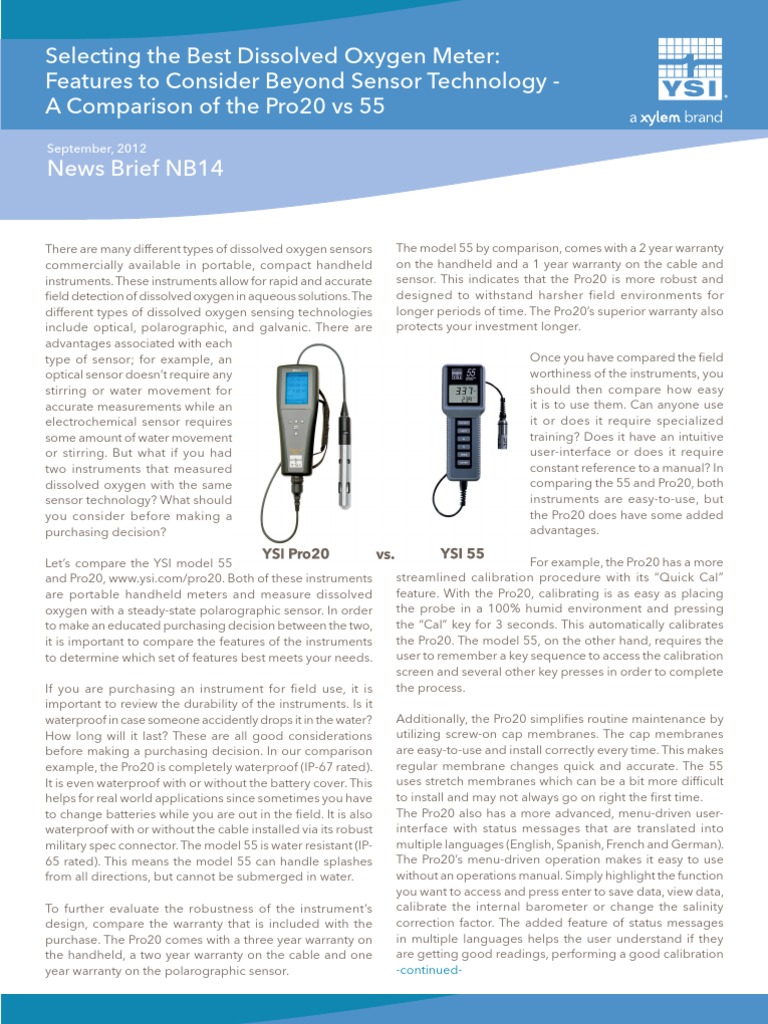 Dissolved Oxygen Meter Comparison YSI Pro20 v 55 Features to Consider