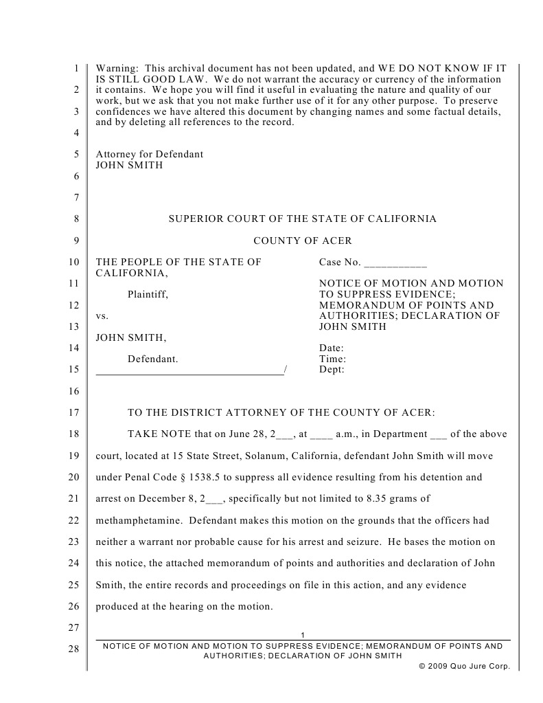 Motion to Suppress Evidence Template | PDF | Search And Seizure ...