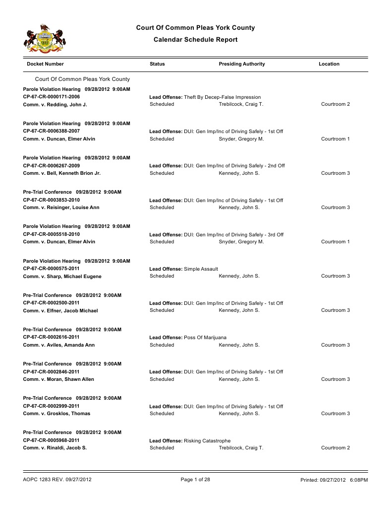 York County Court Schedule For Sept. 28 | PDF | Driving Under The Influence  | Arraignment