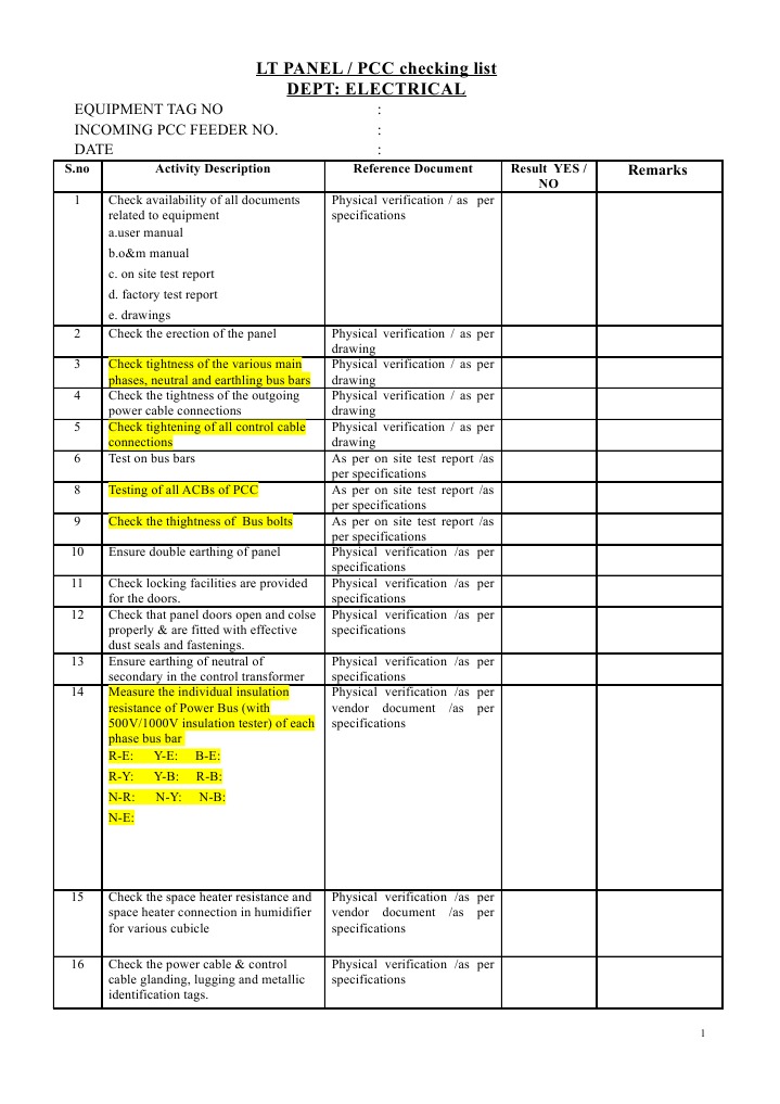 PCC Checklist Transformer Power (Physics)