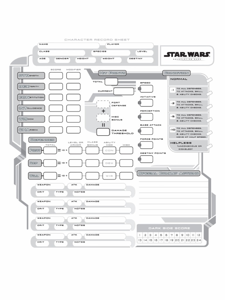 Form Fillable Pdf Character Sheet Saga Edition D20 - Printable Forms ...