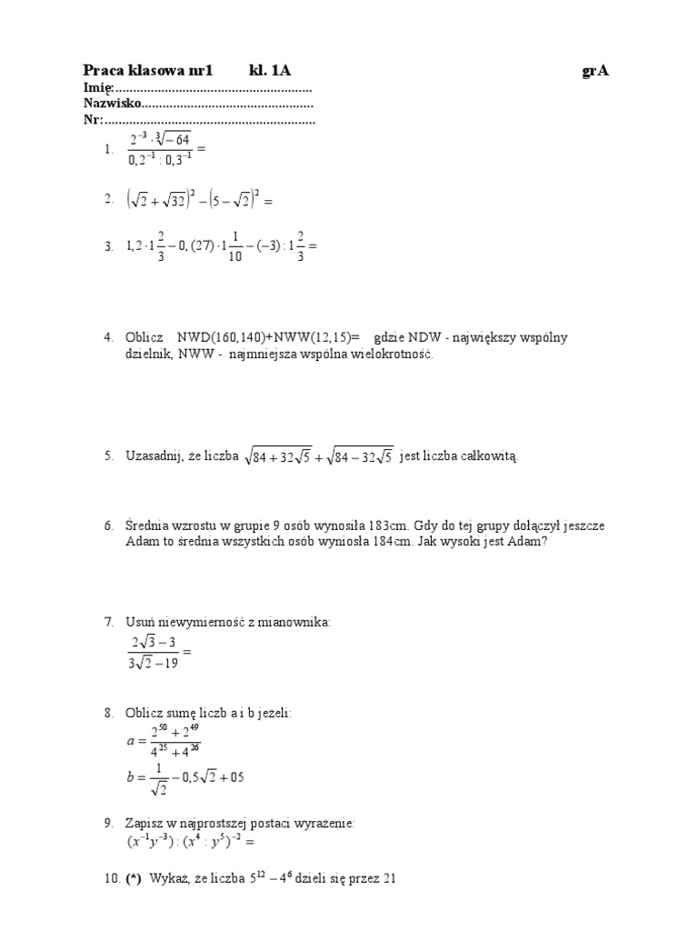 Matematyka Klasa 1 Liceum Sprawdziany Pdf