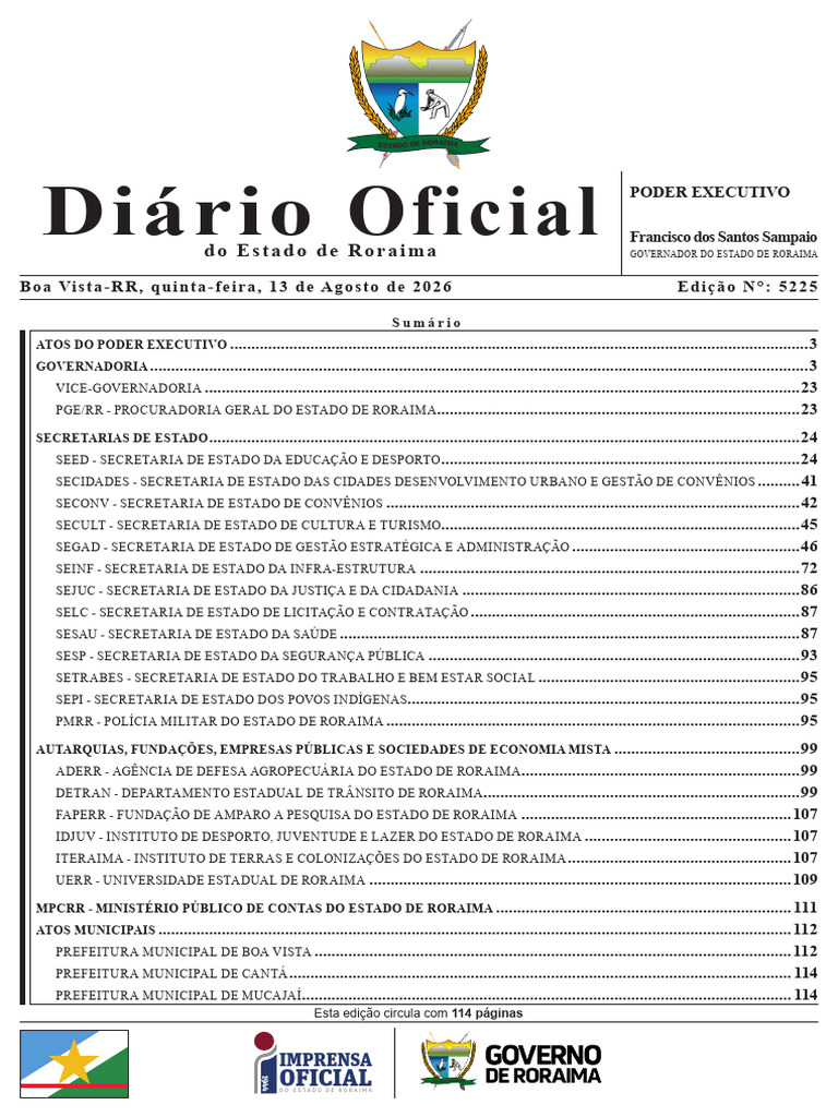 Diário Oficial Boa Vista-RR, quinta-feira, 13 de Agosto de 2026 | PDF ...