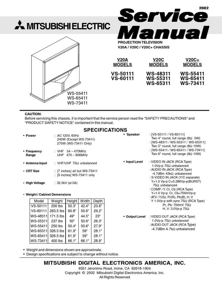 Service Manual Mitsubishi Projection TV Chassis V20A, C, C+ PDF