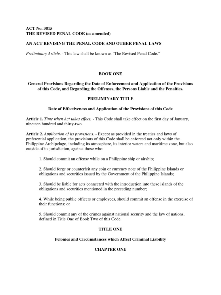 Preliminary Article. - This Law Shall Be Known As "The Revised Penal ...