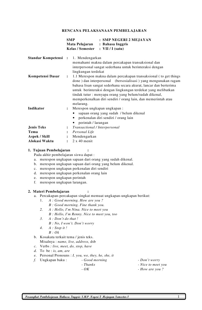 Rpp Bahasa Inggris Kelas 7 Smst 1