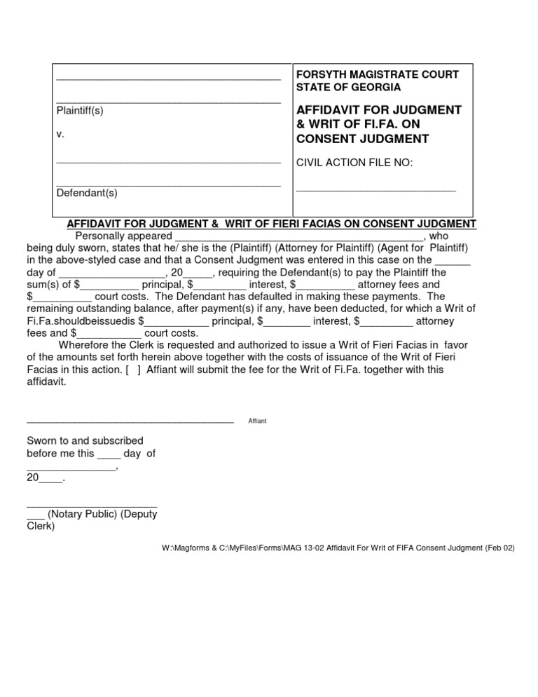 Affidavit For Judgment & Writ of Fieri Facias On Consent Judgment PDF