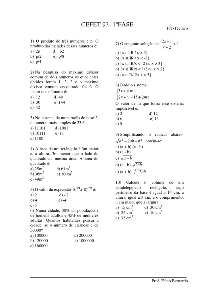 Provas Matematica CEFET RJ 1993 A 1999 | PDF | Média | Triângulo