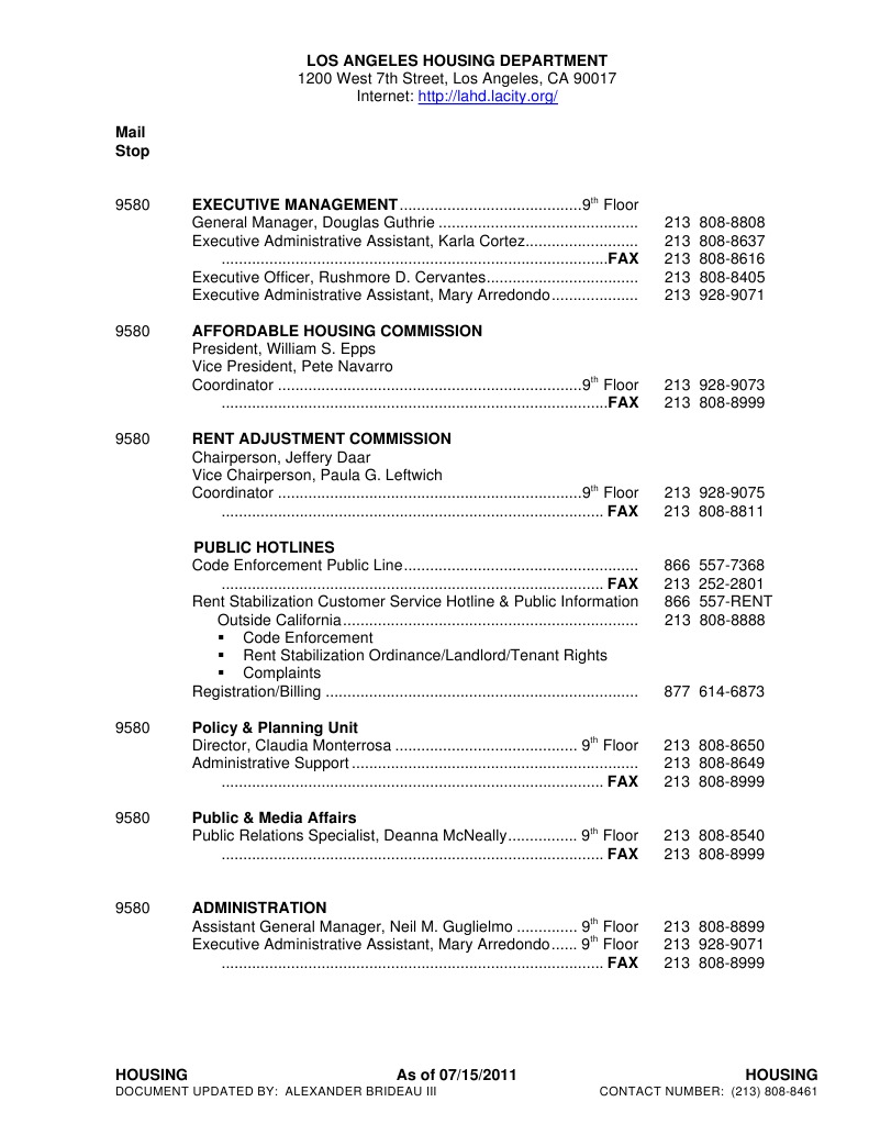 Los Angeles Housing Department Directory PDF Urban Property