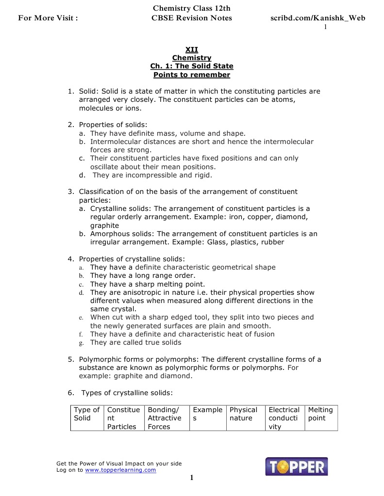 Class 12 Chemistry: The Solid State Notes | PDF | Osmosis | Redox