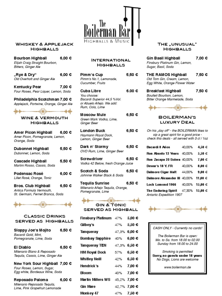 The Boilerman Bar • Highballs & Music • Hamburg • Menu Entwurf