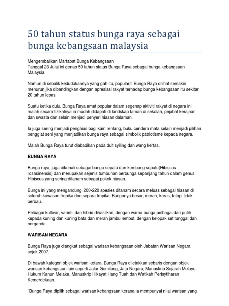 50 Tahun Status Bunga Raya Sebagai Bunga Kebangsaan Malaysia | PDF