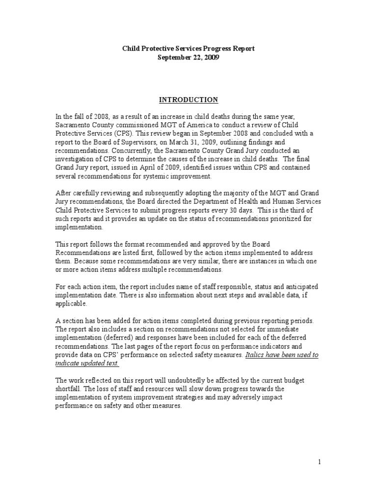 Sacramento Child Protective Services Progress Report (Sep 22, 2009