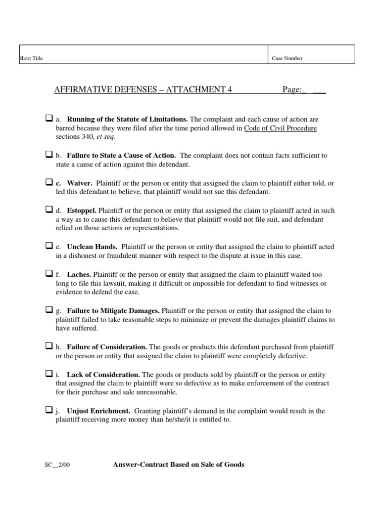 Affirmative Defenses Kanssogdef Pdf Cause Of Action Lawsuit