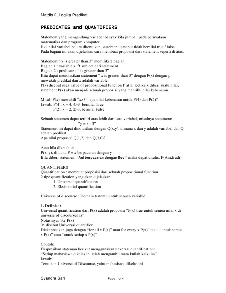 2 Predicates and Quantifiers Matdis 2 | PDF | Metode & Bahan Ajar