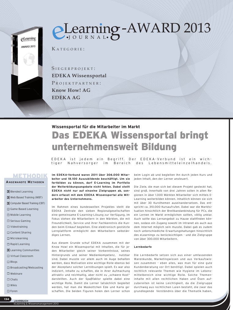 eLearning AWARD 2013 Know How! AG gewinnt mit dem EDEKA Wissensportal