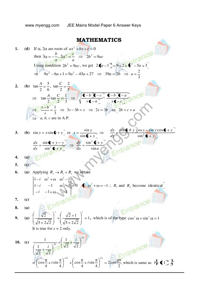 JEE Main Entrance Test Model Paper 6 Answer Keys With ...