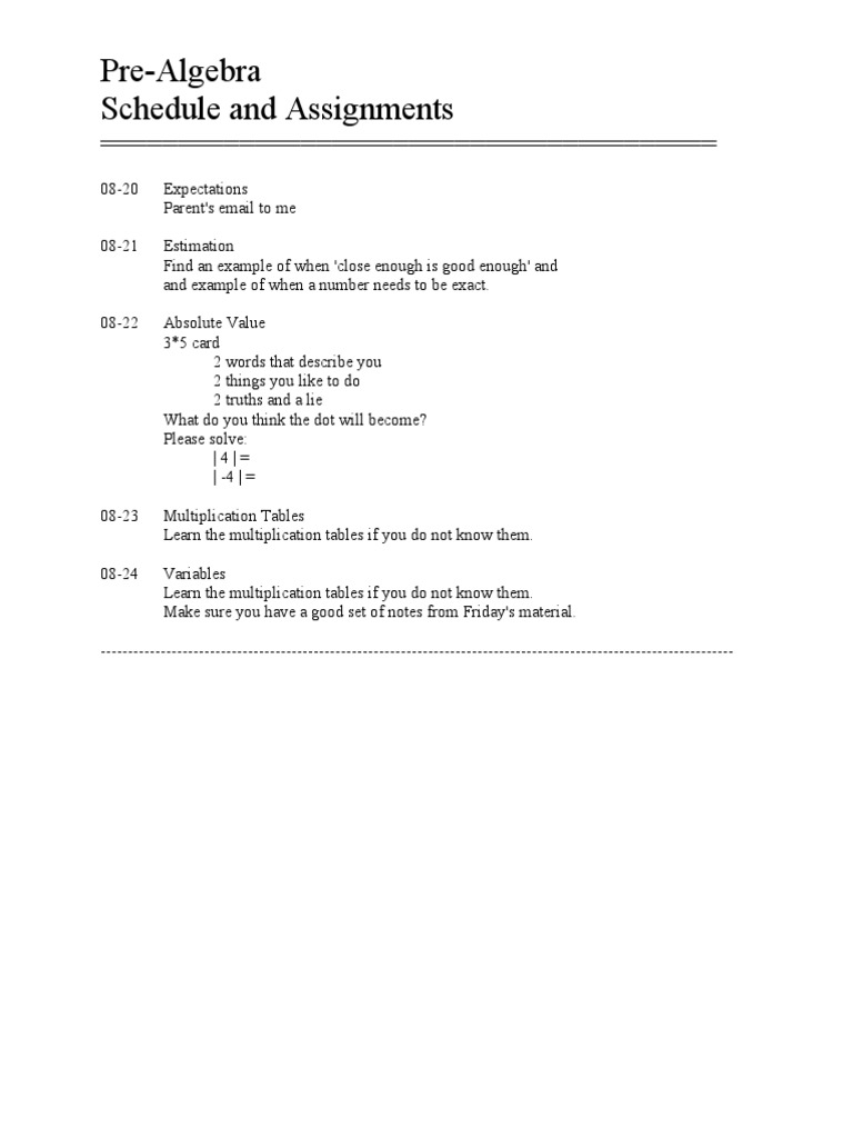 Pre-Algebra Schedule and Assignments | PDF | Teaching Methods & Materials
