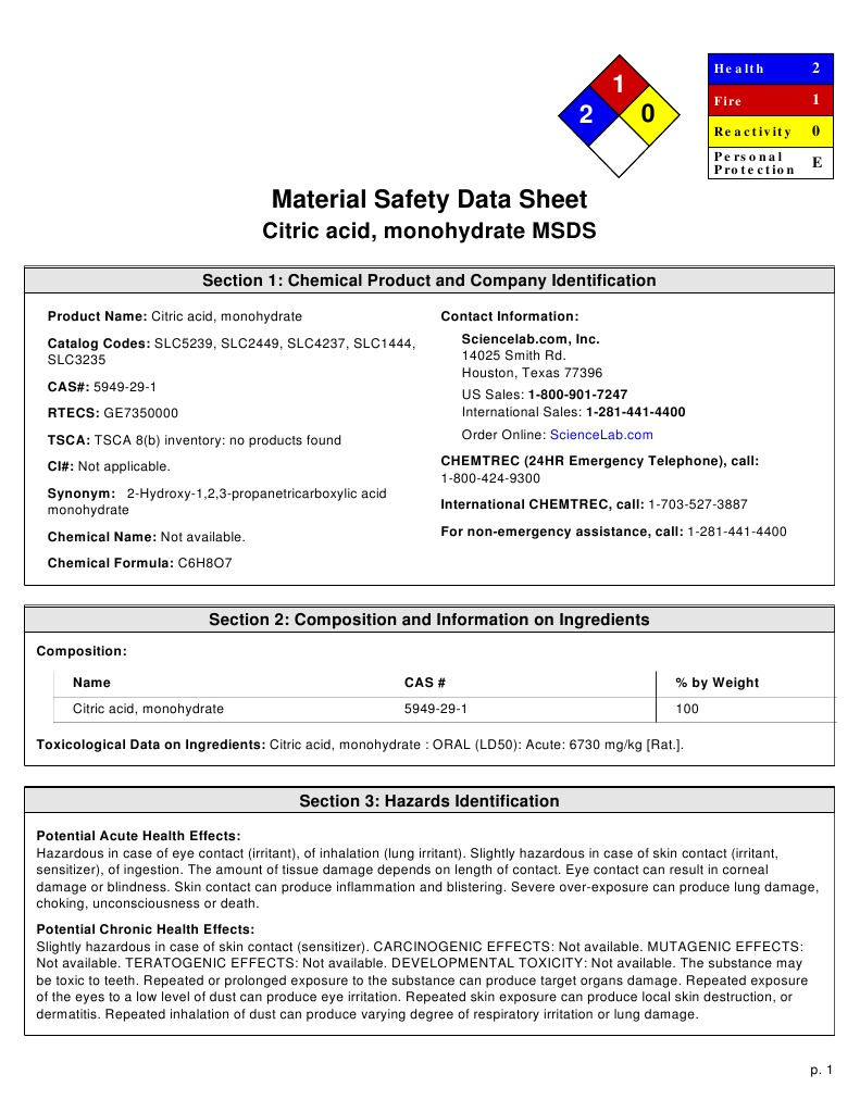 Citric acid monohydrate msds section 1 chemical product and company
