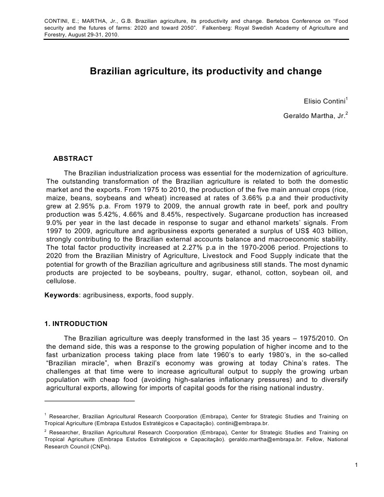 Brazilian Agriculture, Its Productivity and Change | PDF | Agriculture ...