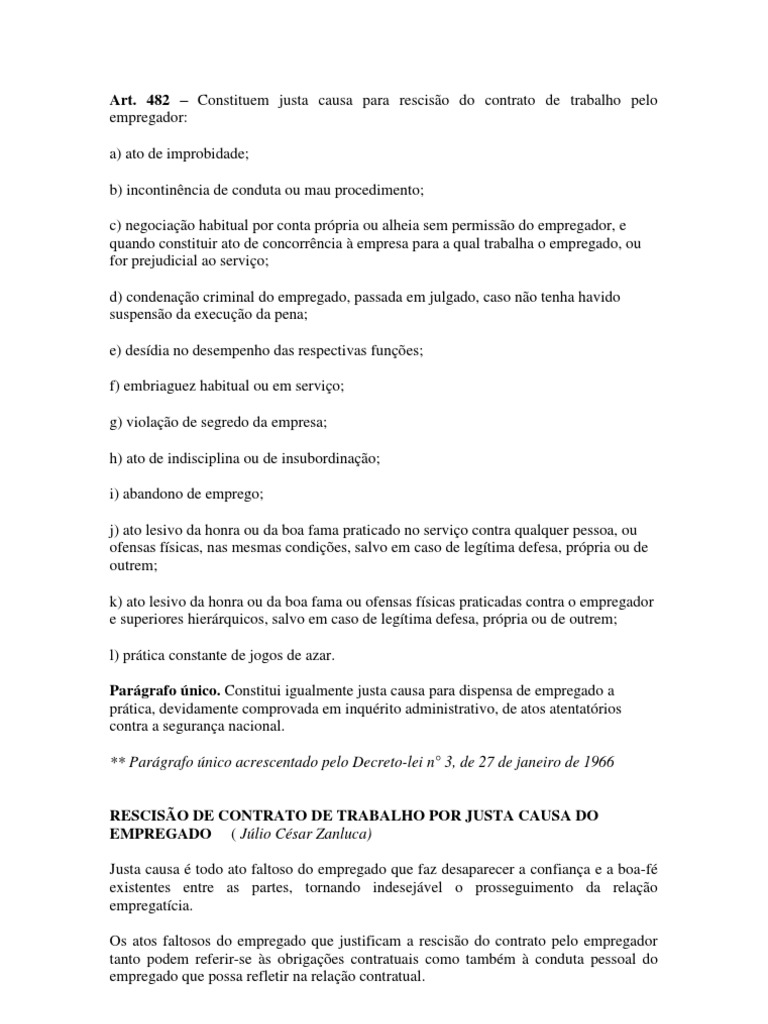 Artigo 482 Letra I Da Clt Abandono De Emprego