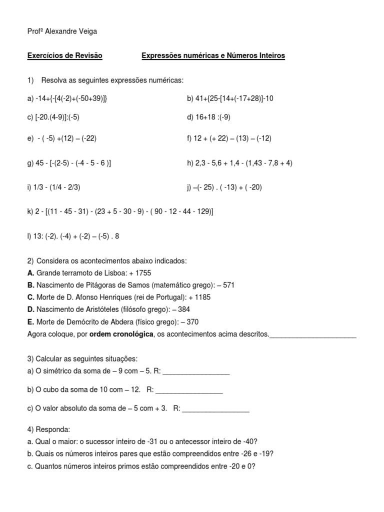 Exercícios de Expressões Numéricas Inteiras | PDF