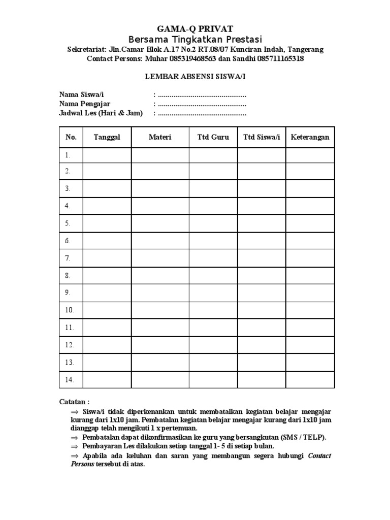 Contoh Kartu Les Private Terbaik