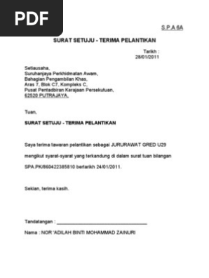 Contoh Surat Setuju Terima Secara Penswastaan