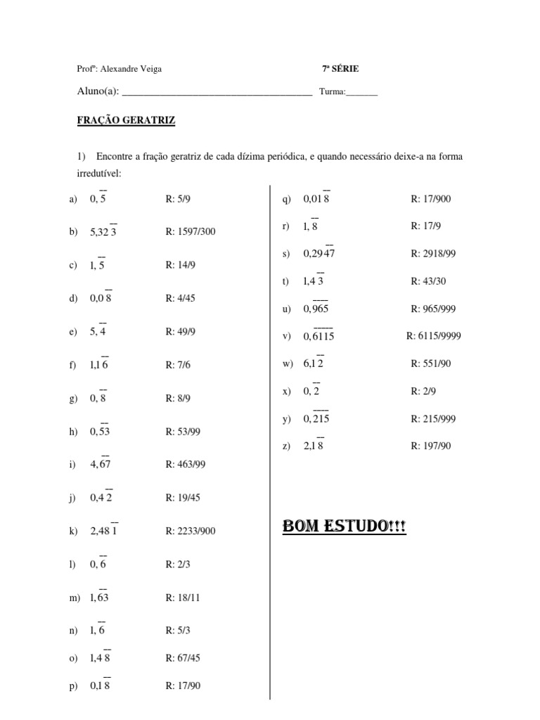 Fração Geratriz Exercicios Com Gabarito 8 Ano