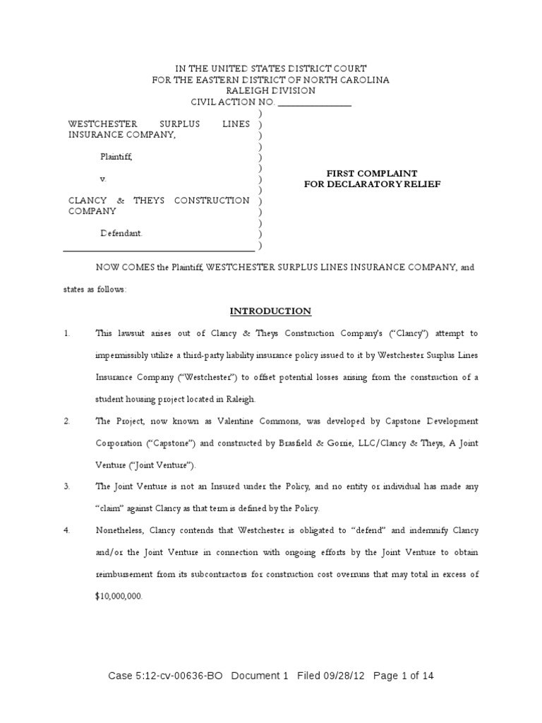 WESTCHESTER SURPLUS LINES INSURANCE COMPANY v. CLANCY & THEYS ...