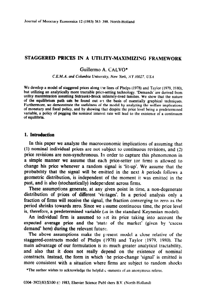 Calvo's Staggered Prices Model Analysis | PDF | Economic Equilibrium ...