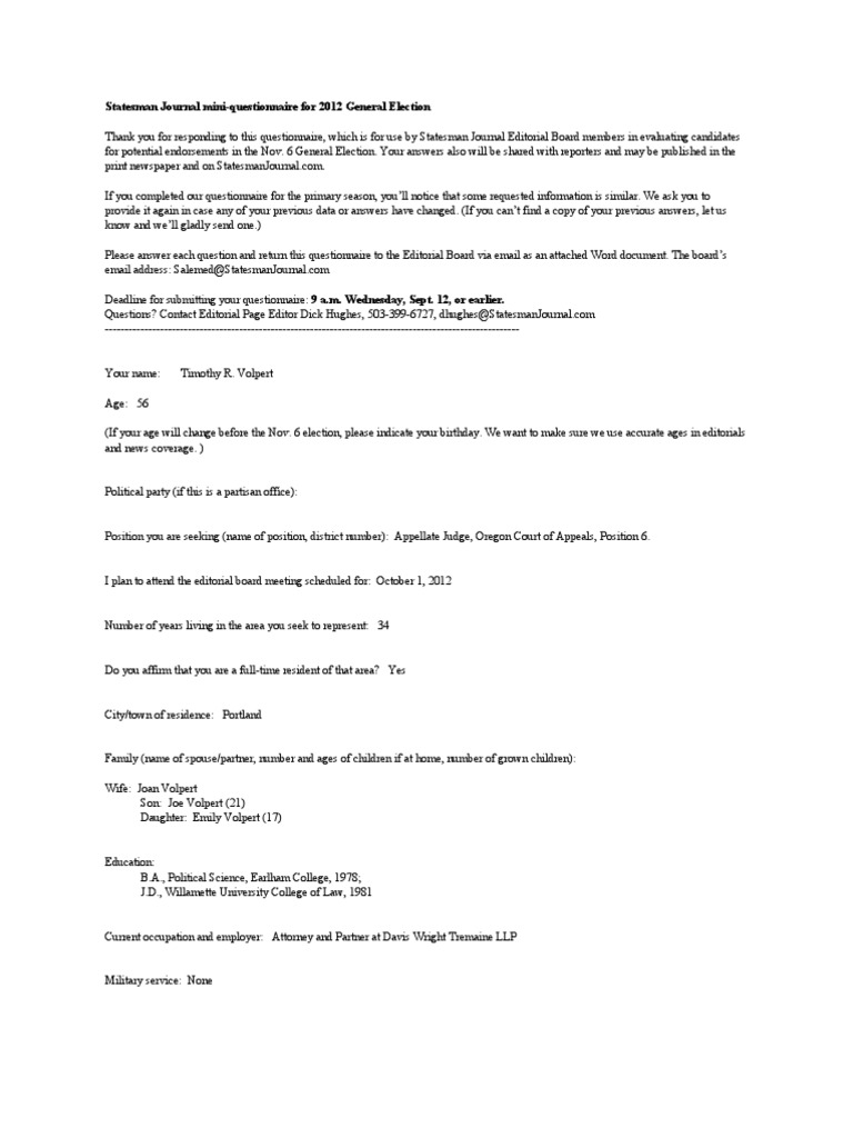 Timothy Volpert Questionnaire | PDF | Law Clerk | Judge