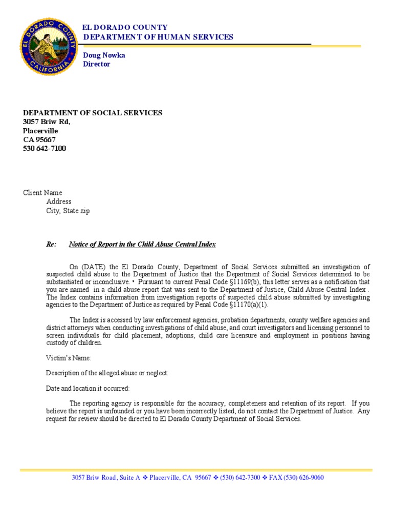 El Dorado County Notice of Report in The Child Abuse Central Index PDF Child Protective