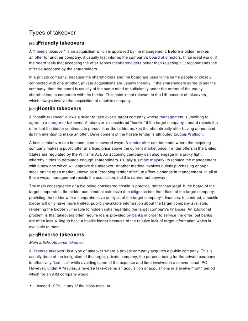 Types of Takeover | PDF | Takeover | Mergers And Acquisitions