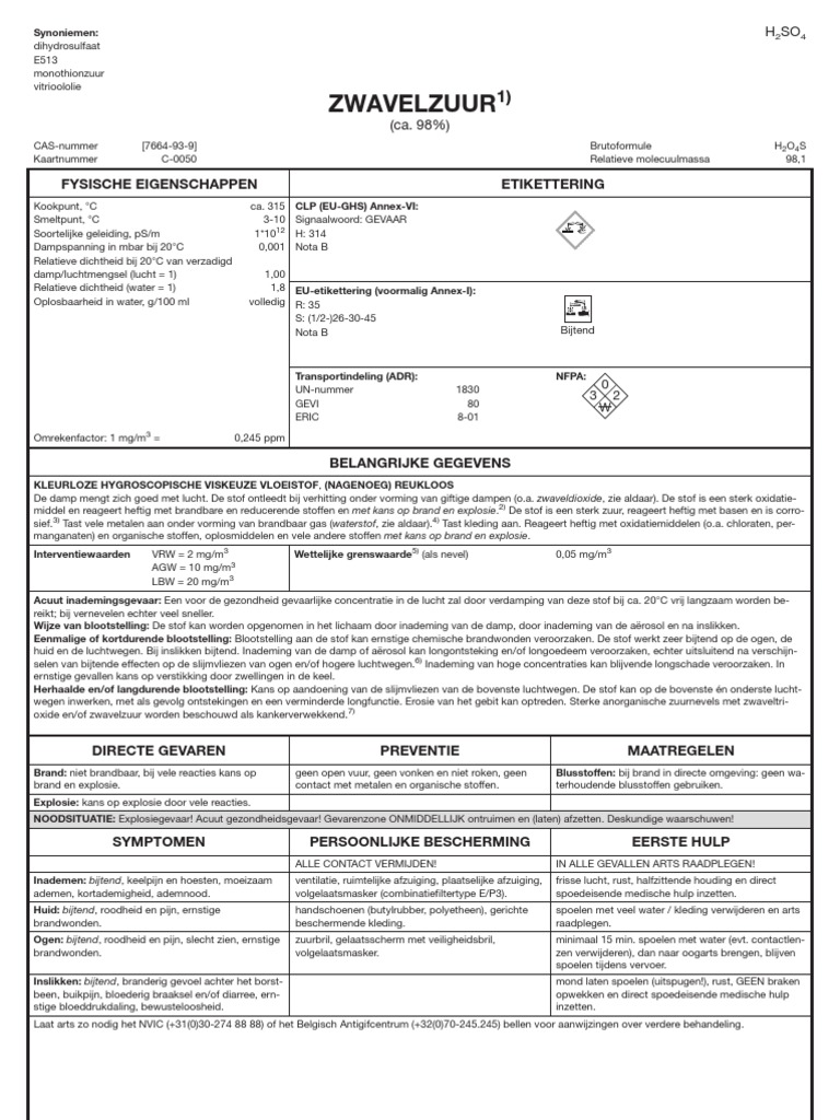 Chemiekaart Zwavelzuur Sulfuric Acid Burn