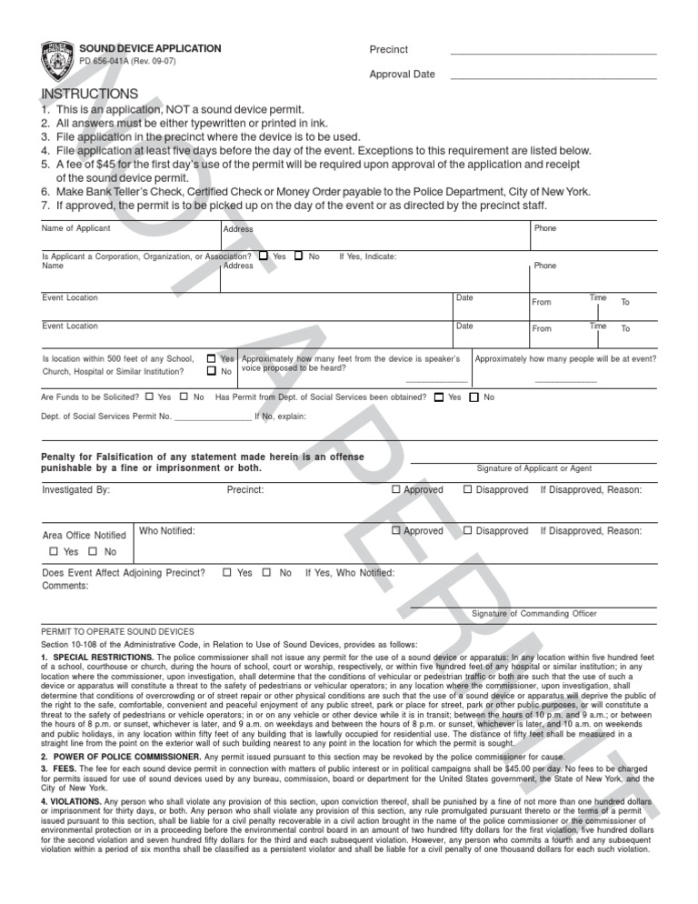 NYPD Sound Permit Application | Civil Penalty | Fee | Free 30-day Trial ...