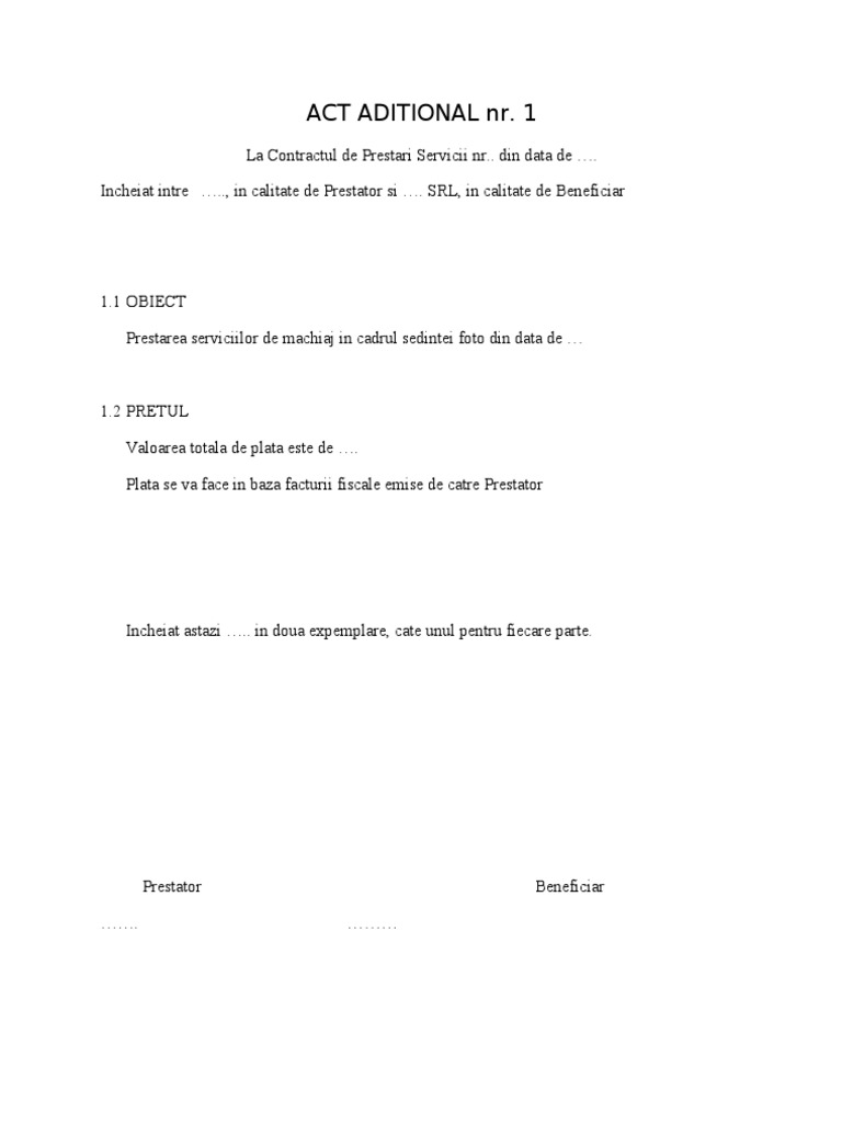 Act Aditional Contract Prestari Servicii Model