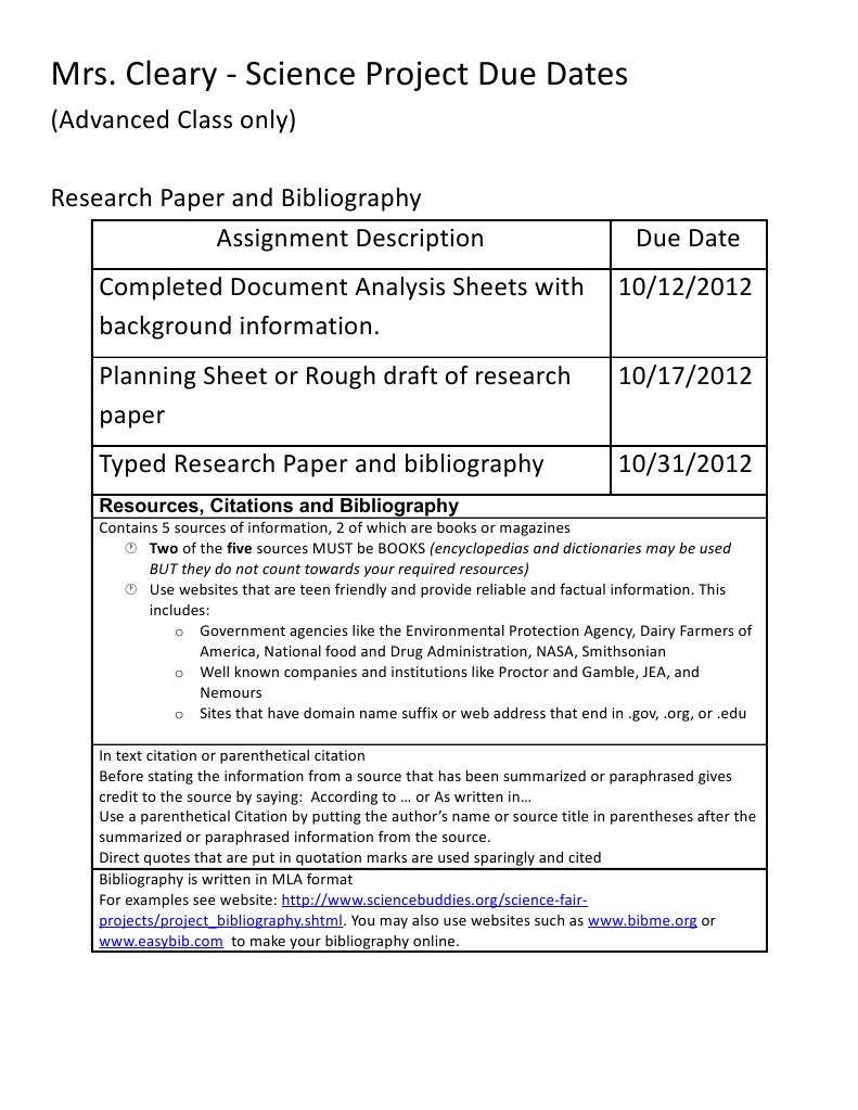 Mrs. Cleary's Science Project Deadlines | PDF