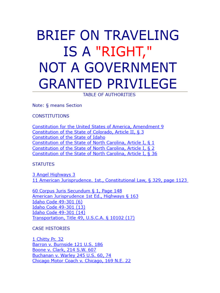 Right to Travel Natural And Legal Rights U.S. State