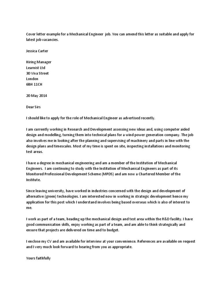 Mechanical Engineer Cover Letter Example | PDF | Career & Growth