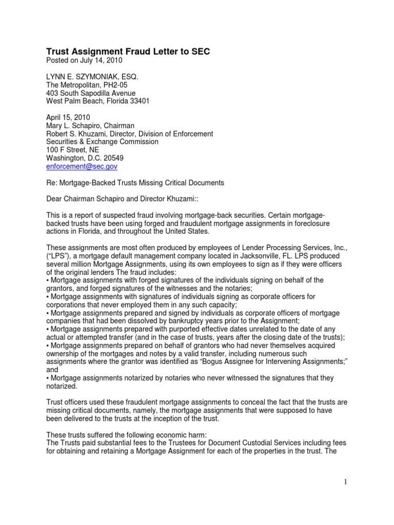 Trust Assignment Fraud Letter To SEC | PDF | Finance & Money Management