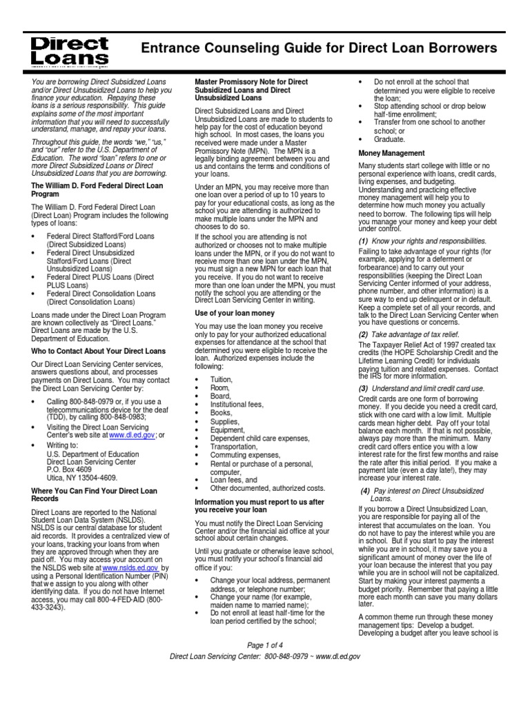Entrance Counseling Guide For Direct Loan Borrowers WWW Dl.ed Gov