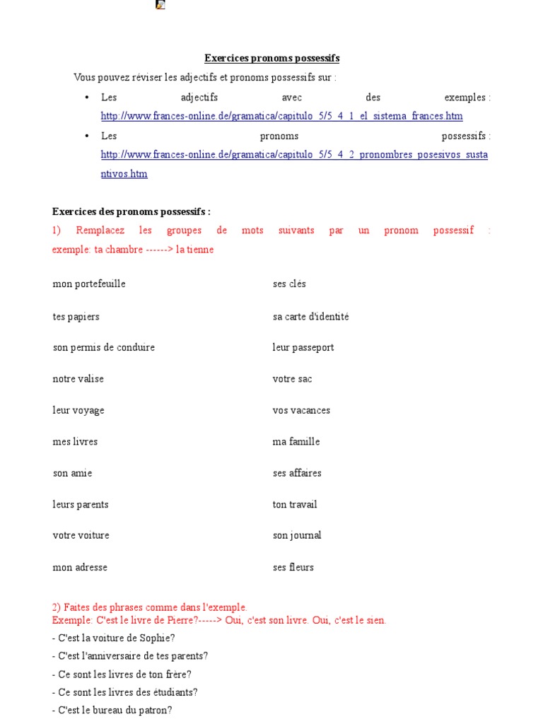 Les Pronoms Possessifs Exercices Pdf Exercices Pronoms Possessifs | PDF | Pronom | Langues