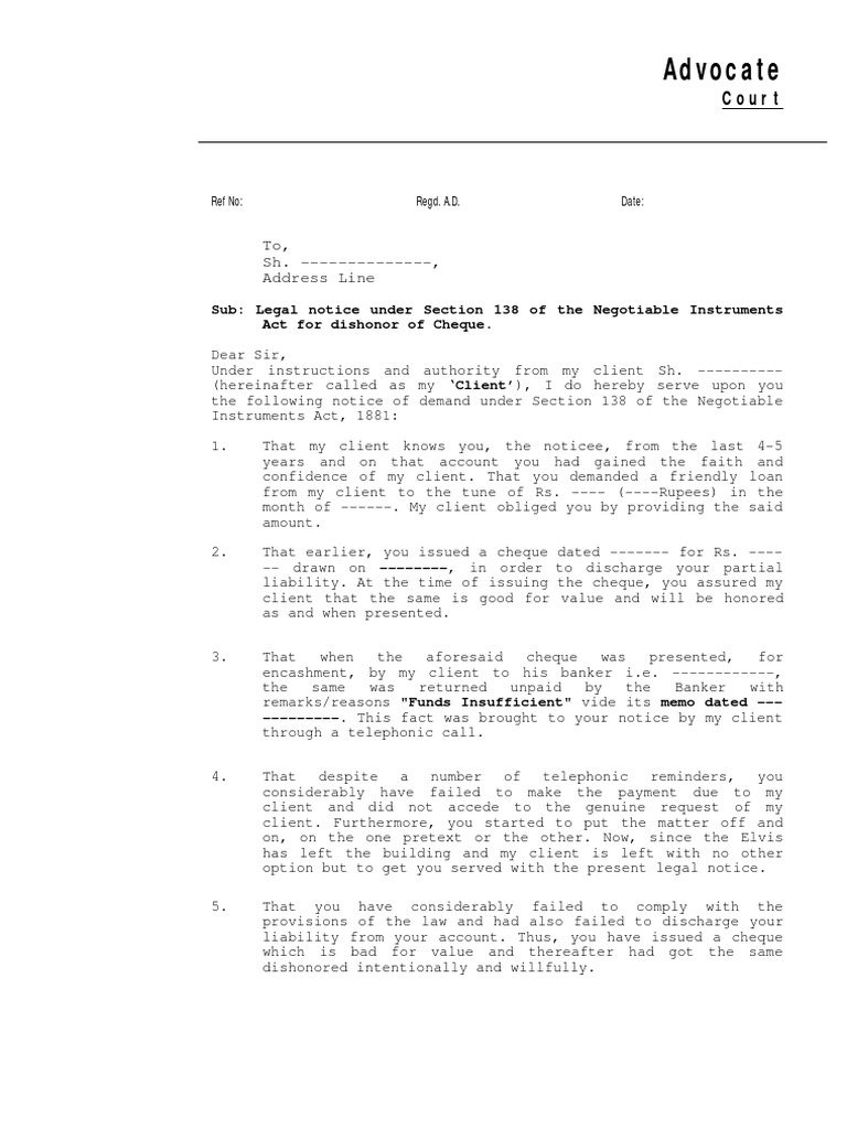 Sample Notice u.s. 138 NI Act Cheque