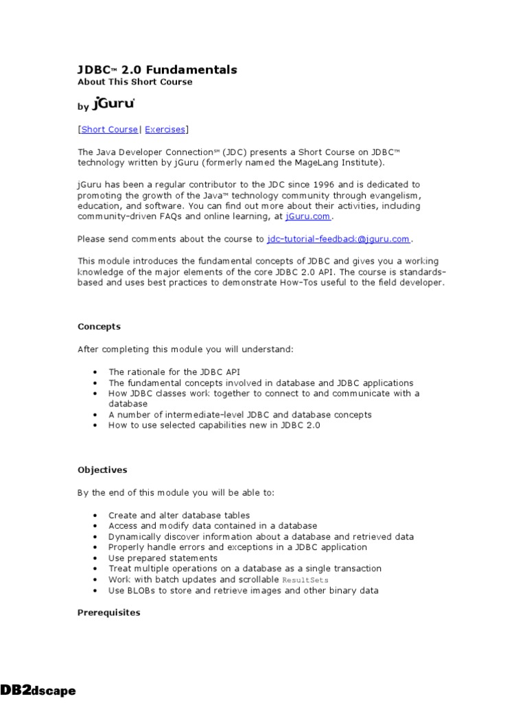 JDBC 2.0 Fundamentals Overview | PDF | Sql | Databases
