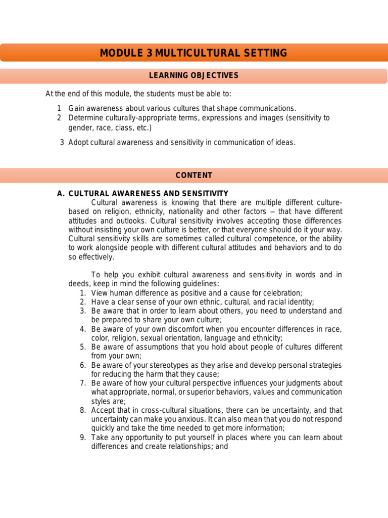 MODULE 3 MULTICULTURAL SETTING ( cultural awareness and sensitivity.pdf ...