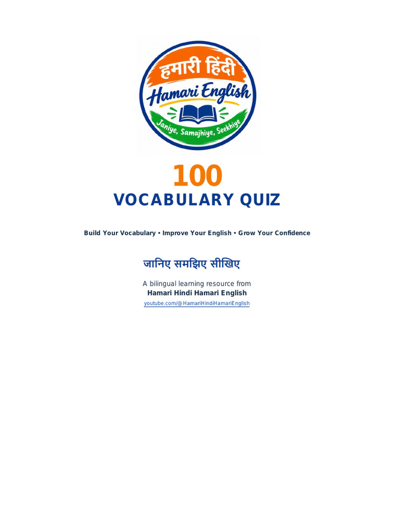 100 English Vocabulary Quiz Questions with Hindi Meanings, Examples ...